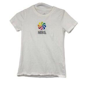 Nike white rainbow pinwheel  checkmark graphic crewneck cotton t-shirt XS